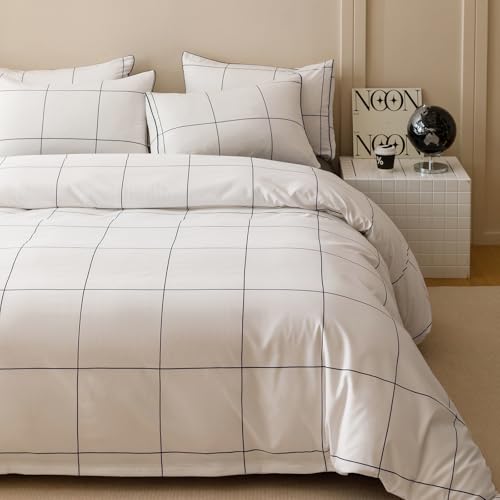 Image of KAREVER White Grid Comforter Queen Women Navy Blue Square Lines Checkered Bedding Set Queen White Plaid Comforter Queen Size