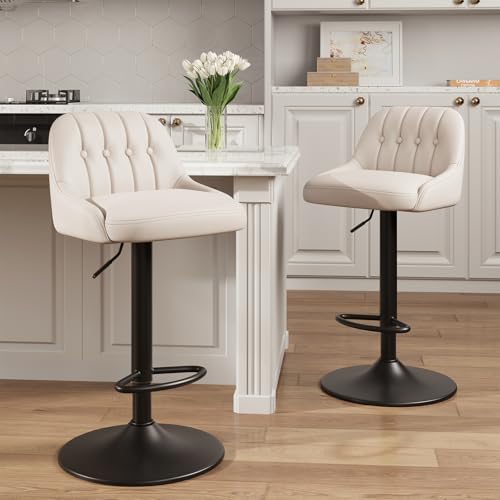 Image of MALOL Bar Stools Set of 2, Swivel Bar Chairs, Modern Adjustable PU Leather Upholstered Barstools Counter Height with Tufted Back for Bar, Kitchen Counter Island, Dining Room, Beige