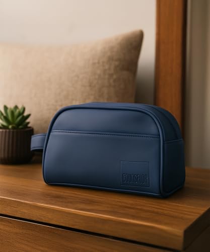 Image of COUNSELOR Toiletry Bag for Men & Women, Vegan Leather Toiletry Organizer, Shaving Kit Bag & Grooming, Travel Toiletry Pouch with Handle, Multiple Compartment, Unisex Travel Organizer Swift (Navy Blue)