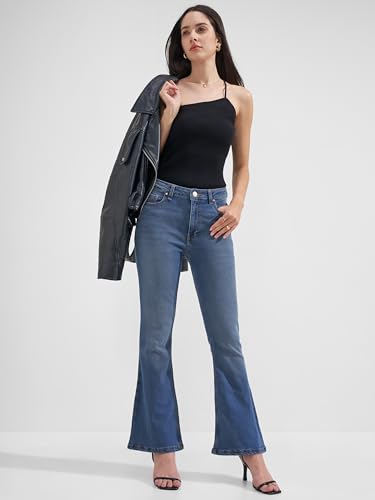Image of Tokyo Talkies Women Blue Solid Mid Rise Bootcut Jeans
