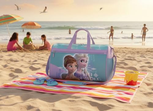 Image of Disney Frozen Girls' Duffle Bag - Elsa & Anna Travel Gym Bag with Adjustable Strap, Mesh Side Pockets & Zipper Pocket