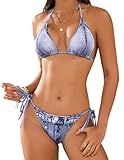 ZAFUL Womens Bikini Sets Sexy Two Piece Swimsuit Denim Print Halter Neck Open Back Triangle Thong Bathing Suit Light Blue S