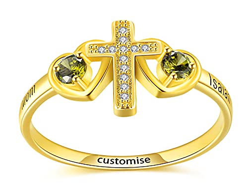 YUOTO Personalized Silver Mothers Ring for Women Gold,Customized Mother Daughter Rings with 2 Birthstones,Cross Rings for Teen Girls with Heart Engraving Name,Purity Rings/Faith Rings/Christian Rings