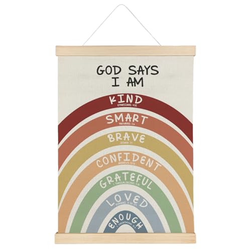 ATBWGT Inspirational Boho Rainbow Inspirational Christian Wall Art Decor, God Says I Am Religious Bible Verse Poster Hanger Frame for Kids Girl Boy Room Nursery Playroom Classroom, 12x16 Inch