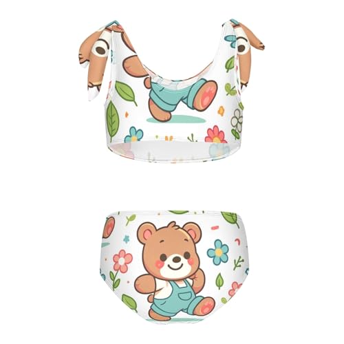 Girls' Bikini Set, Cartoon Bear Flower and Leaf Kids Swimsuit 2 Pcs Beach Bathing Suit2
