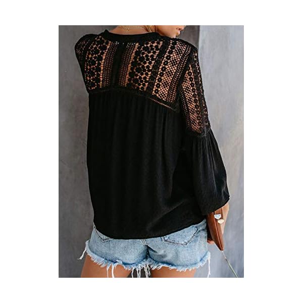 Canikat Women's Fashion Fall Bell Long Sleeve Button Down Tops V Neck Lace Hem Basic Tee Shirts Chiffon Flowy Blouses Black L