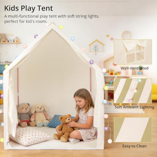 Anbte Kids Play Tent with String Lights Indoor, for 1-3 Kids, Beige Stripes - Image 3
