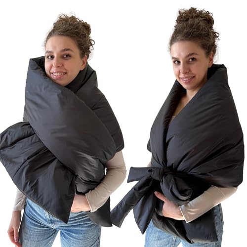 Black Long Cape Lagre Wide Scarf Puffer 18x70 inch with 2 pocket and Belt. Cape around shoulders wrap. Winter quilted shawl. Warm padded scarf. Down puffy scarves.
