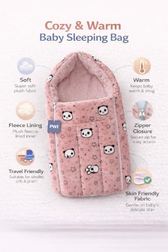 Image of PWI Baby Sleeping Bag for 0-6 Months, Ultra Soft Plush & Sherpa Warm Winter Wrapper with Hood & Zip, Newborn Swaddle Blanket for Stroller & Home Use