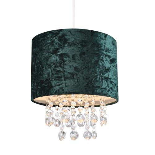 Happy Homewares Modern Designer Forest Green Crushed Velvet Fabric Pendant Light Shade with Hanging Waterfall Transparent Acrylic Droplets | 25cm Diameter
