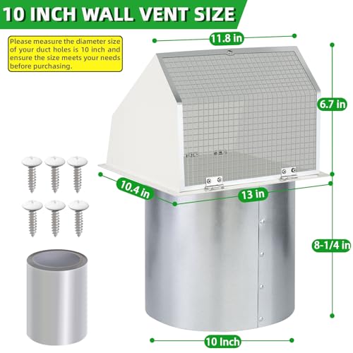 Image of 10 Inch Hooded Wall Vent with Screen and Damper, Outdoor Wall Exhaust Vent Cover Cap for Kitchen Range Hood Dryer Exterior Ventilation and Outside Air Exhaust, Galvanized Steel, White