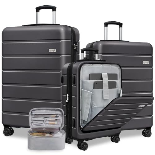 Image of KEYTANG SmileLine 3-Piece Luggage Set Lightweight Hardside Suitcase TSA Lock Spinner Wheels, 20 inch Expandable Carry-On Luggage with Quick Access Front Open Pocket, Bonus Makeup Bag,Gray