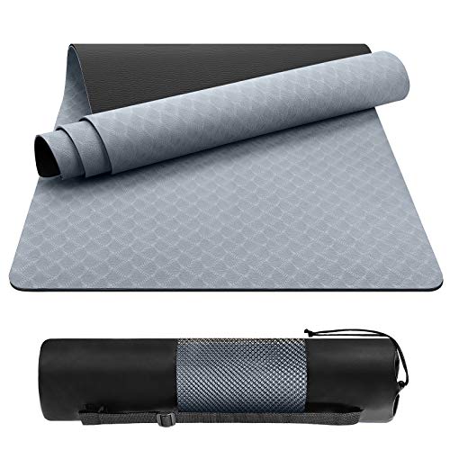 Egoiggo 滑り止めヨガマット、ヨガマット ヨガマット スポーツマット。 183cmx61cmのピラティスマット、厚さ6mmの環境に優しいTPE。バッグとストラップ付き(グレー・ブラック)