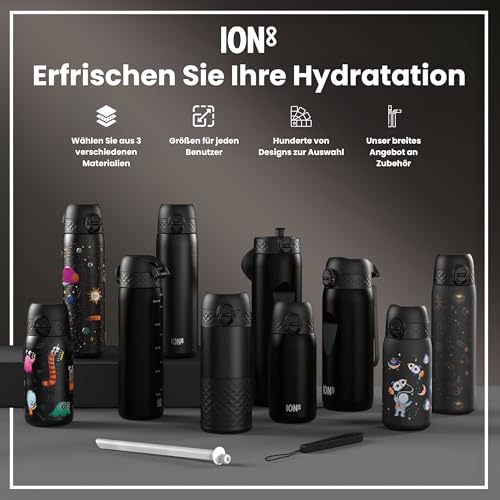 ion8 Trinkflasche, 500 ml, Auslaufsicher, Einhandöffnung, Sichere Verriegelung, Spülmaschinenfest, BPA-frei, Tragegriff, Klappdeckel, Leicht zu Reinigen, Klimaneutral, Schwarz