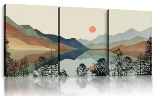 Framed Boho Mountain Landscape Wall Art Set of 3-Canvas Prints,