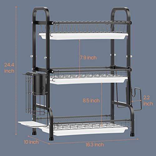 Dish Drying Rack, Cambond 201 Stainless Steel 3 Tier Dish Rack with Drain Board, Utensil Holder, Cutting Board Holder, Rustproof Dish Drainer for Kitchen Countertop, Black - Thumbnail 4
