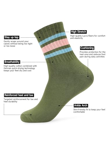 Image of Forony Women Tube Socks Anti Odor Crew Soft Combed Cotton Quick Dry Moisture Wicking Breathable Socks with Strips