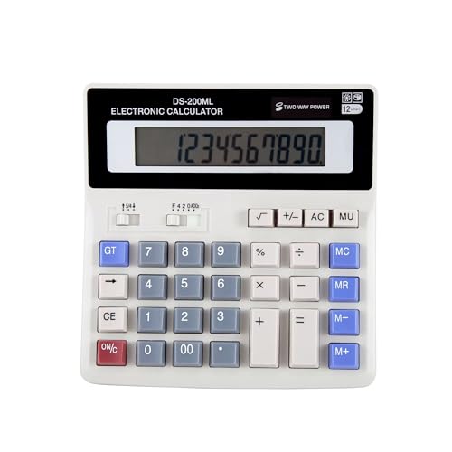 Large Desktop Calculator with 12-Digit Display, Large Plastic Buttons for Easy Operation and Viewing, Dual Power Supply: Battery (with Battery Slot) and Solar
