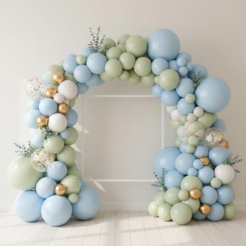 Image of RUBFAC Dusty Green Balloons 129pcs Different Sizes Pack of 18 12 10 5 Inch, Latex Boho Sage Green Balloon Garland Arch Kit for Wedding Dinosaur Jungle Safari Birthday Party Decorations