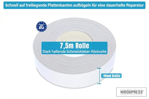 WoodPress® 19mm Mattweiße Melamin Kantenumleimer mit Schmelzkleber – 7,5m Rolle – Einfaches Aufbügeln für Heimwerker