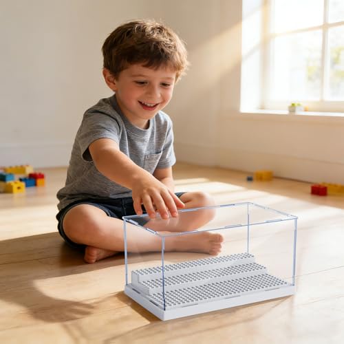 Image of 2 Pack Display Case for Minifigure Action Figures Blocks, Acrylic Minifigure Display Case Box Storage with 3 Movable Steps Gift for Kids Adults (Grey)