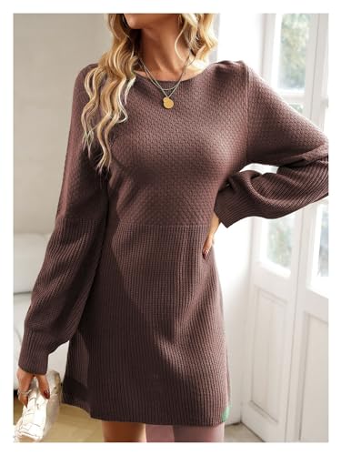 Women's Autumn Winter Lantern Sleeve Round Neck High-Waisted Sweater Dress Solid Color Elegant Knit Mini Skirt Jumper3