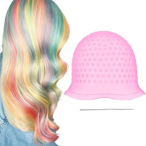WUSJCOF Gorro de Tinte de Silicona Reutilizable con Aguja para Mechas, Ideal para Teñir el Cabello en Casa o en el Salón (Rosa)