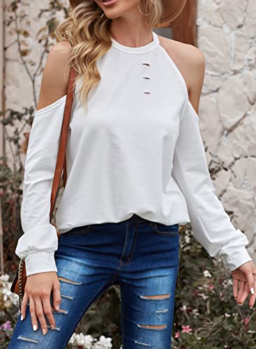 Dokotoo Womens Sexy Casual Halter Neck Cold Shoulder Tops Hollowed Out Ladies Long Sleeve Sweatshirts T Shirt For Women Pullover Tunic Top Blouses Fall 2021 Fashion White Medium #TOP2