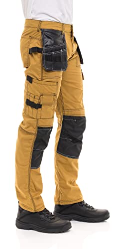 Fashio Mens Construction Pants Utility Tool Pockets Cordura Carpenter Knee Reinforced Work Wear Safety Trousers B2 Khaki W32-L30