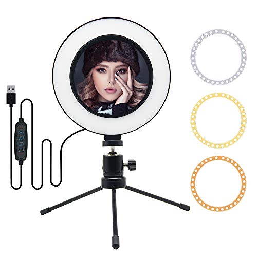 MOUNTDOG 6 Selfie LED Ring Light with Stand Circle Lighting Remote Control for Make-up/YouTube Video/Live Streaming Dimmable 3 Light Modes Mini Desktop
