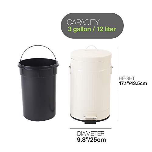 Image of White Trash Can with Lid, Bathroom Bedroom Waste Basket Soft Close, Small White Garbage Can, Retro Vintage Home Office Trash Can, 12 Liter /3 Gallon, Glossy Cream White