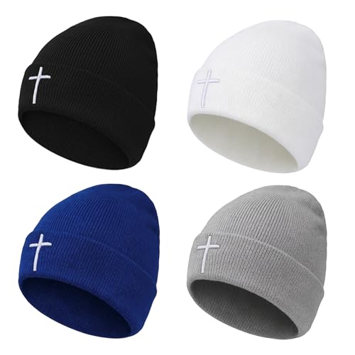 4 Pcs Christian Cross Jesus Beanie Hat,Knit Winter Cap with Embroidery, Religious Hats Cross Hat Beanies Gifts for Men Multicolor