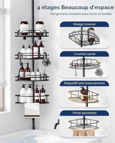 Étagère de douche sans perçage télescopique noire d'angle serviteur de salle de bain modulable - 6