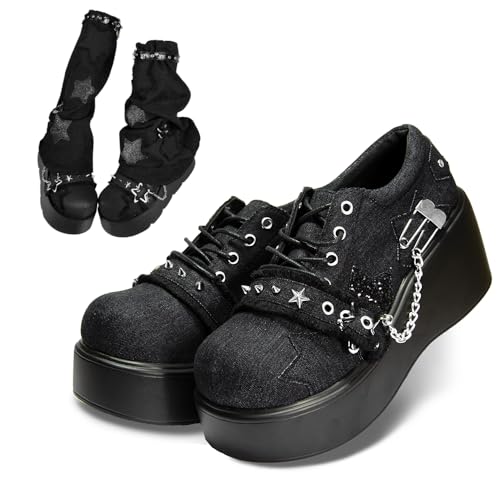 Cute Goth Star Shoes for Women with 2 Charms Chunky Platform Lace-up Thick Soles Round Toe Shoes Kawaii Punk Y2K Aesthetic Lolita Trendy Gifts for Girls with Accessories Including Chains and Stars