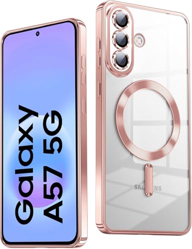 Image of VONZEE Clear Logo Electroplating Transparent Back Case for Samsung Galaxy A57 5G, Magnetic Plating Electroplate TPU Cover, Individual Camera Protection for Each Lens- Rose