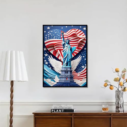 Image of Independence Day Statue of Liberty Diamond Painting Kits for Adults, American Flag Patriotic and Freedom 5D Diamond Art Kits for Adults, DIY Full Drill Round 4th of July Wall Decor 12x16 Inch