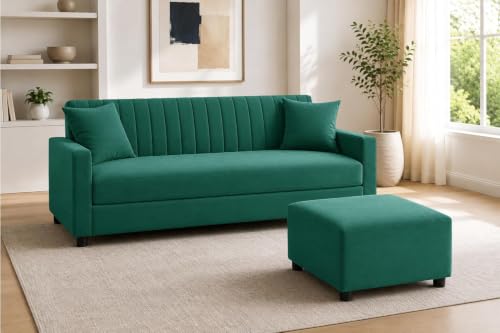 Image of Los Angeles Modern 3-Seater Wooden Sofa Set with Ottoman, Soft Velvet Upholstery, Comfortable Couch for Living Room, Office - Green