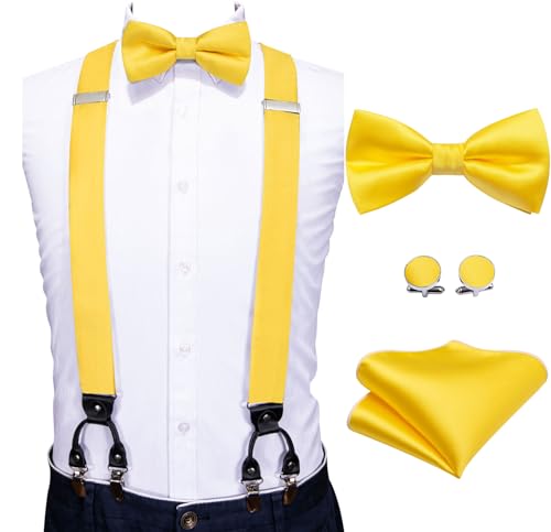 Image of YOHOWA Men Suspenders 6 Clips Strength Adjustable Y Braces Pre-Tied Bow Tie Set Formal Wedding Party