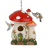 Bird Houses for Outside Clearance, Resin Hanging Bird House, Decorative Mushrooms Bird Houses for Home Garden Decor, Outdoor Birdhouse for Hummingbird, Bluebird, Cardinal (Red, Medium Size)
