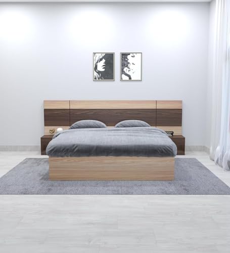 Image of Queen Size Engineered Wood Platform with Striped Designer Headboard Bed and Side Tables with Storage (Walnut Brown /Choco Brown)