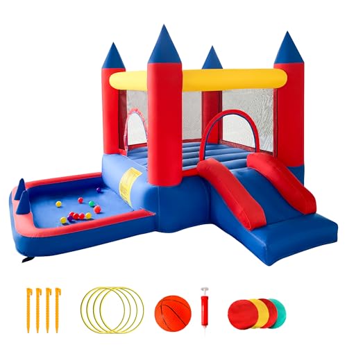 CATCHLUCK Castillo hinchable con tobogán, equipo inflable, piscina infantil para niños al aire libre, castillo de rebote con zona de salto, piscina de bolas y canasta de baloncesto, 285 x 250 x 180 cm