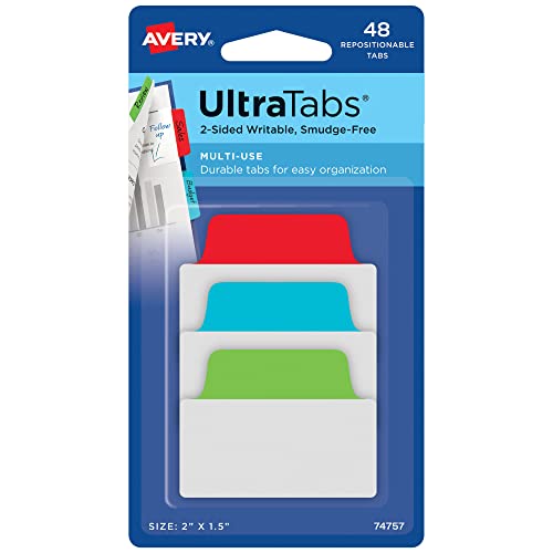 Image of Avery Ultra Tabs, 2 inch x 1.5 inch Repositionable, Multicolor, 48 Tabs | For Marking Pages in Books and Planners, Clear Body Shows Text Underneath, Two-Side Writable, Smudge-Resistant Ultra Tabs
