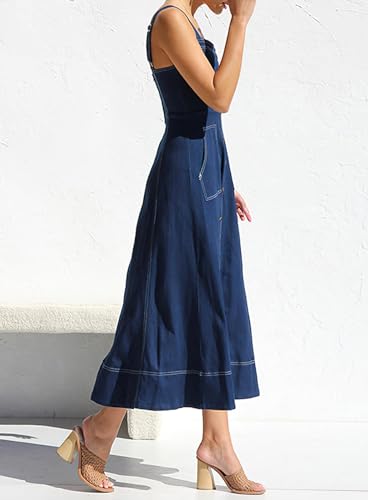 Women's Summer Adjustable Strap Sleeveless Midi Denim Dress Button Down A-Line Swing Flowy Jean Dress3