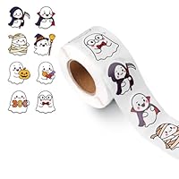500pcs Halloween Stickers Roll, 1.5in Cute Ghost Stickers Self Adhesive Round Decals Roll for Halloween Party Decor Candy Bags Crafts Gifts Scrapbooks(8 Styles)