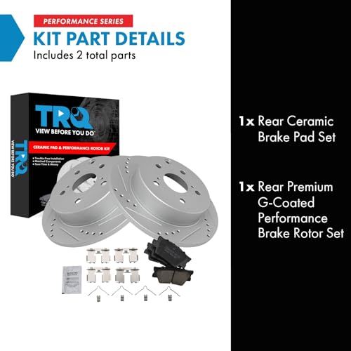 Image of TRQ Performance Rear Brake Pad and Rotor Set Ceramic Coated Drilled Slotted Rotors Compatible with 2010-2012 Lexus HS250h 2006-2018 Toyota RAV4