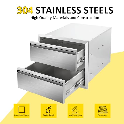 Image of Outdoor Kitchen Drawers 18 inch W x 15 inch H x 23 inch D Flush Mount Double layer BBQ Drawers,Stainless Steel Built-in 2-Drawer for Outdoor Kitchen Island, Patio Grill Station