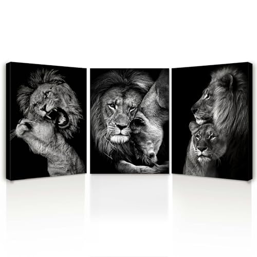 3er Set Leinwandbilder mit Rahmen – Schwarze Löwen Wandbilder in Schwarz...