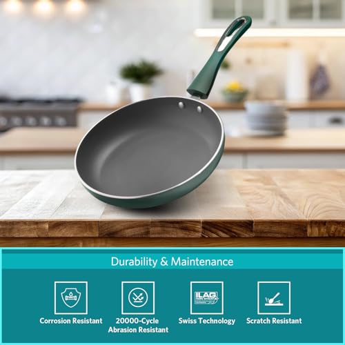 Image of VAYA Hautechef Non-Stick Frypan 24cm, Has Non Stick Coating, 3-Layer ILAG Swiss Coating, PFOA-Free, Induction Friendly, with Soft-Touch Matching Handle, Color - Green