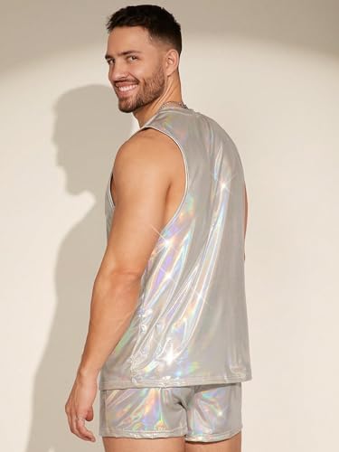 Men's 2 Piece Outfit Metallic Round Neck Sleeveless Tank Top and Drawstring Pocket Shorts2