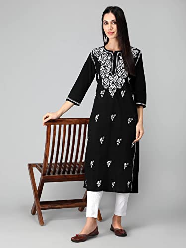 Image of Seva Chikan Hand Embroidered Lucknowi Chikankari Regular Straight Cotton Kurta Kurti for Women SCL4243
